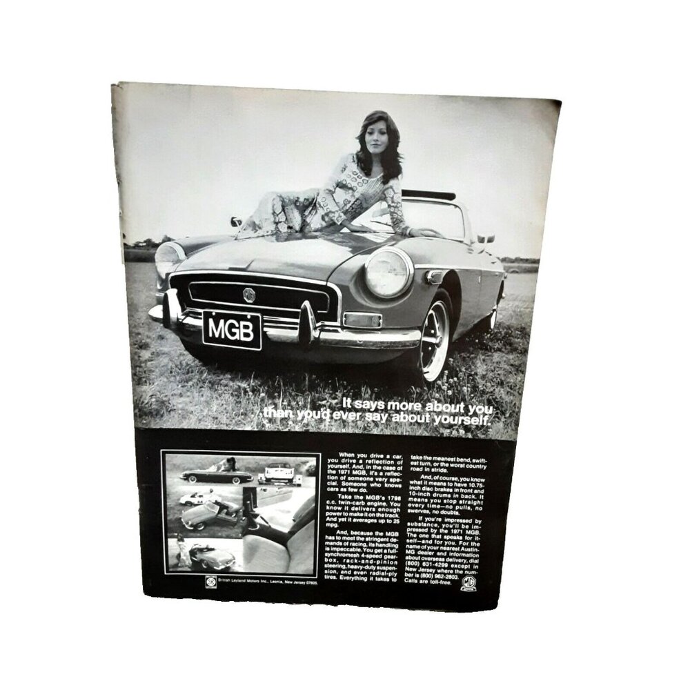 1971 MGB Car with Twin Carb Engine Woman On Hood Original Print Ad vintage